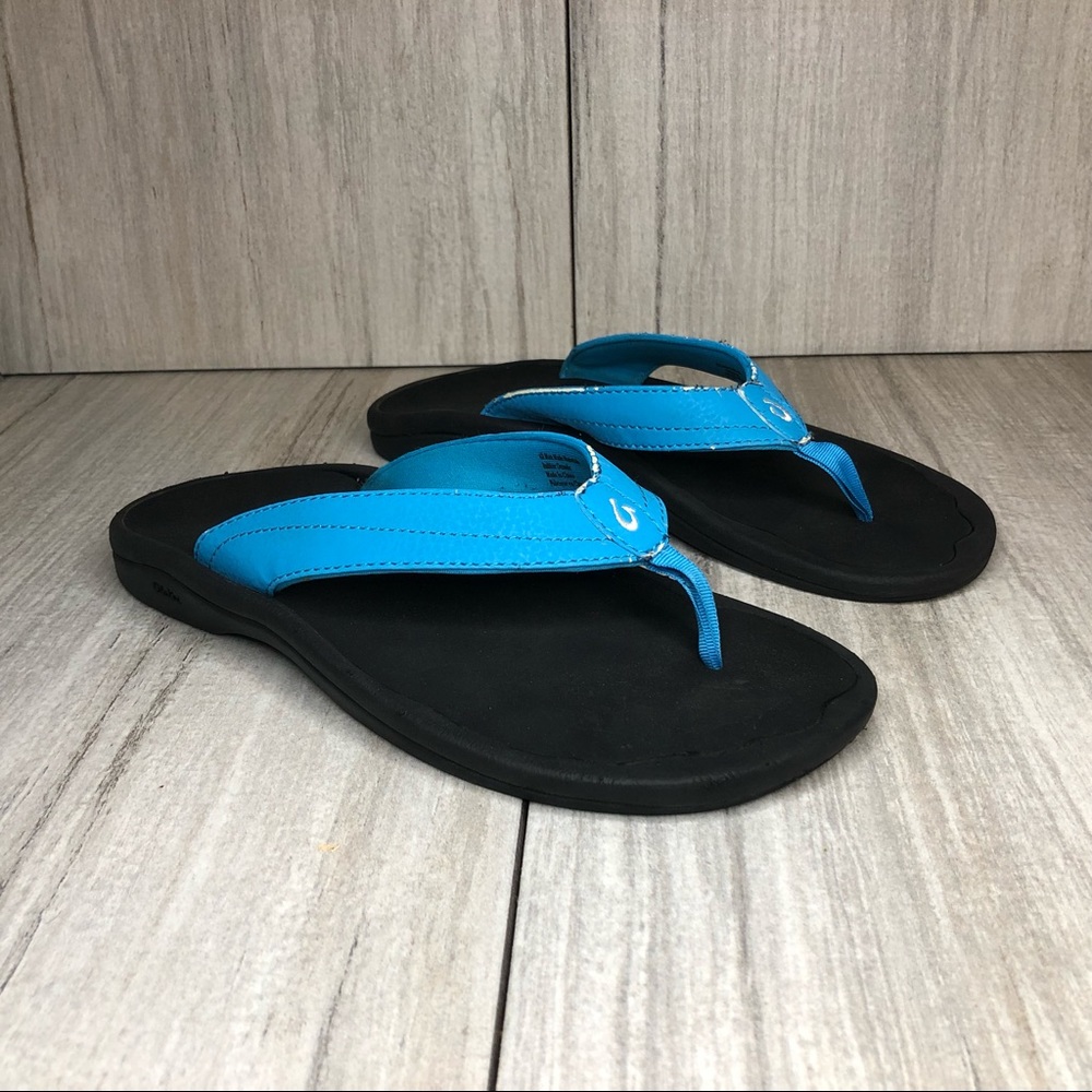 OluKai Ohana Womens Blue Brown Flip Flops Thongs Sandals 20110 Size 8 EUR 38
